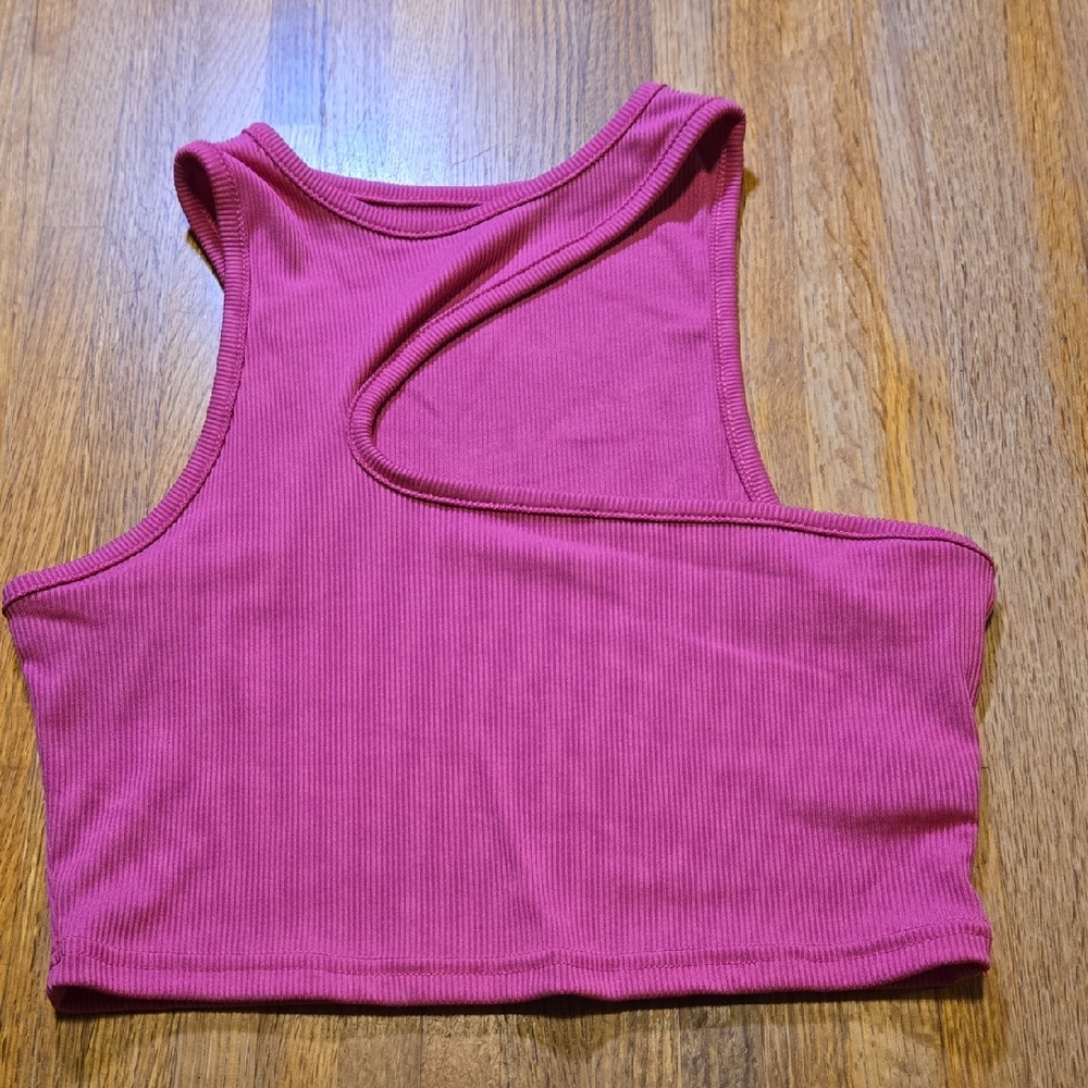 SHEIN Women Small Fuchsia Ribbed Sleeveless Abstract Neckline Stretch Crop Top